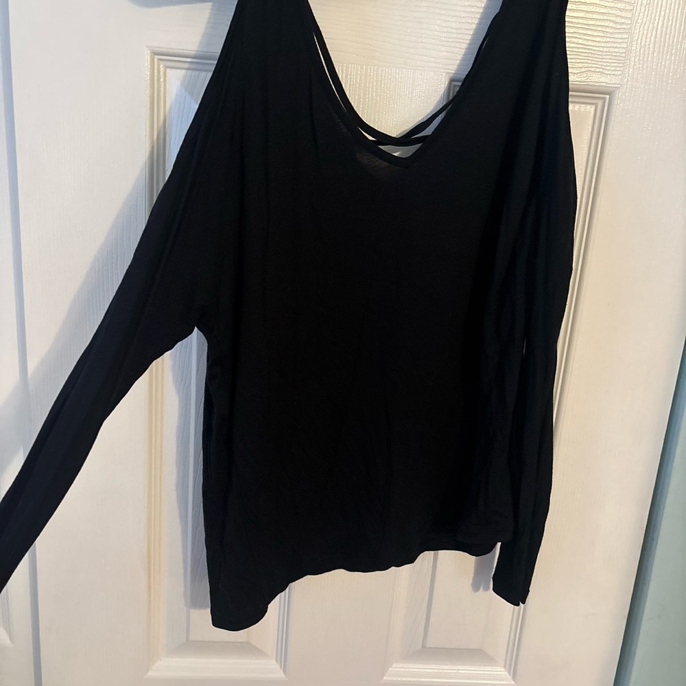 Express Black Long Sleeve V-Neck Top with Crisscross Back